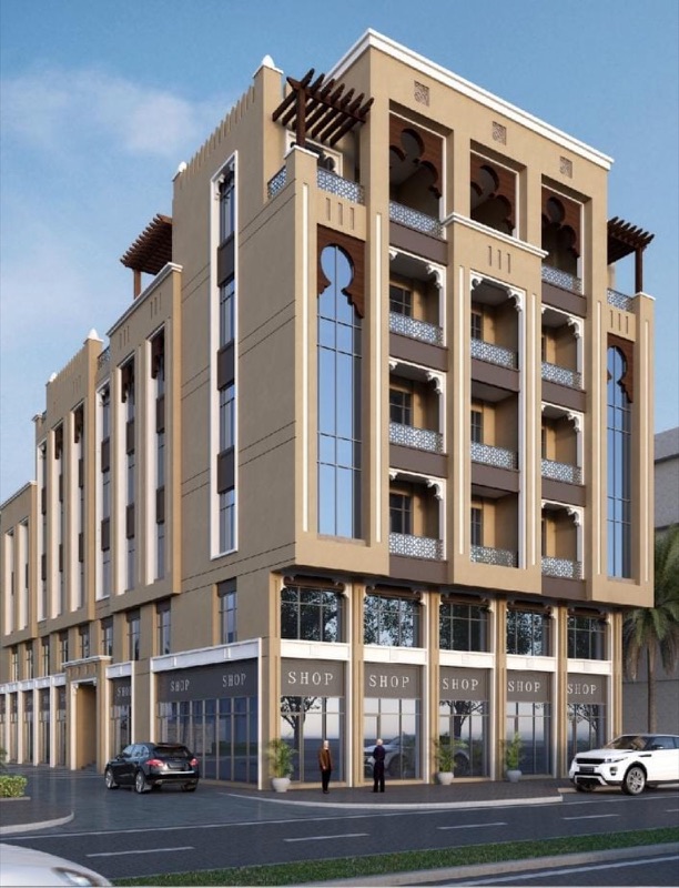 Architectural render of a commercial-residential building with shops at ground level and arched balconies