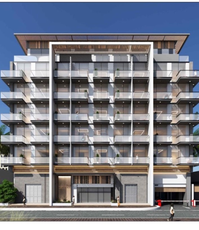 Architectural render of a mid-rise residential building with glass balconies